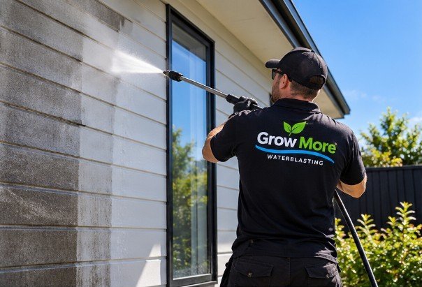 Washing dirt off weatherboard beside a window
